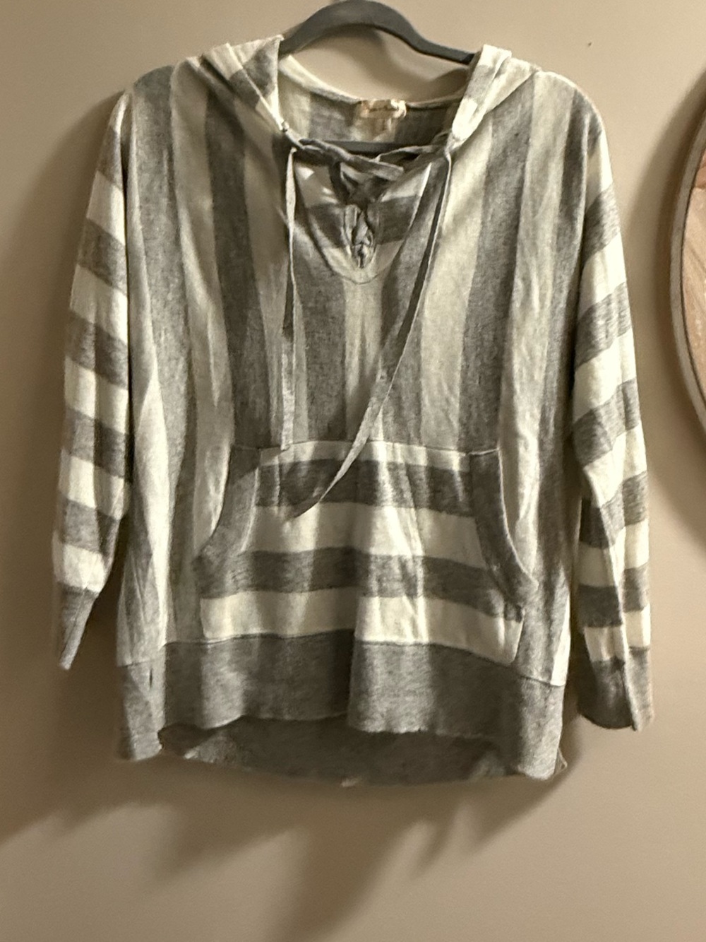 Hem & Thread Gray and Cream Striped Lace-Up Hoodie